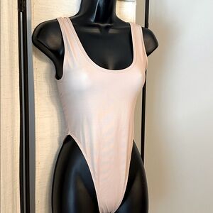 Kikiriki Women's Nylon Stretch Scoop Back High Thigh Cut Nude Bodysuit S